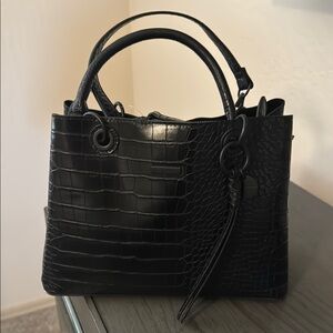 Aldo Black Satchel with Glossy Finish and Ribbed Texture